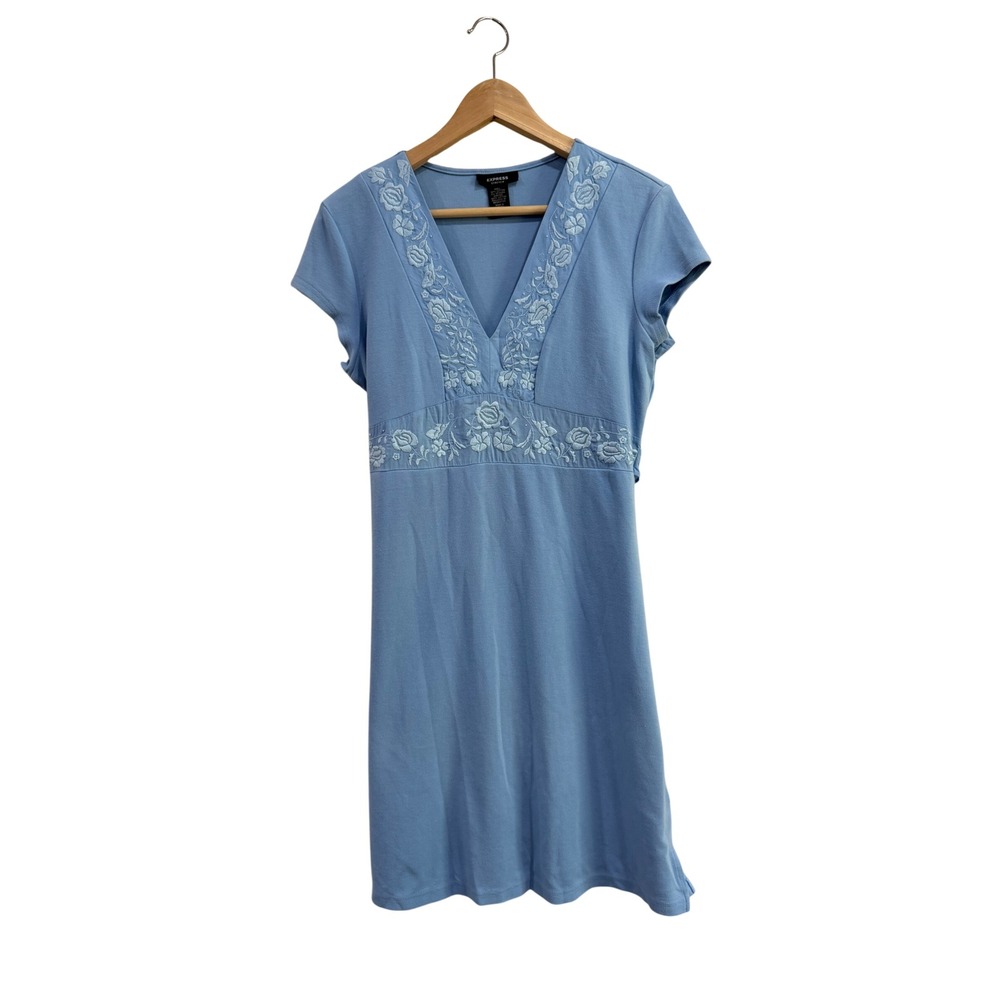 Express Stretch Y2K Blue Floral Embroidered Empire Waist Tie Back Dress Large